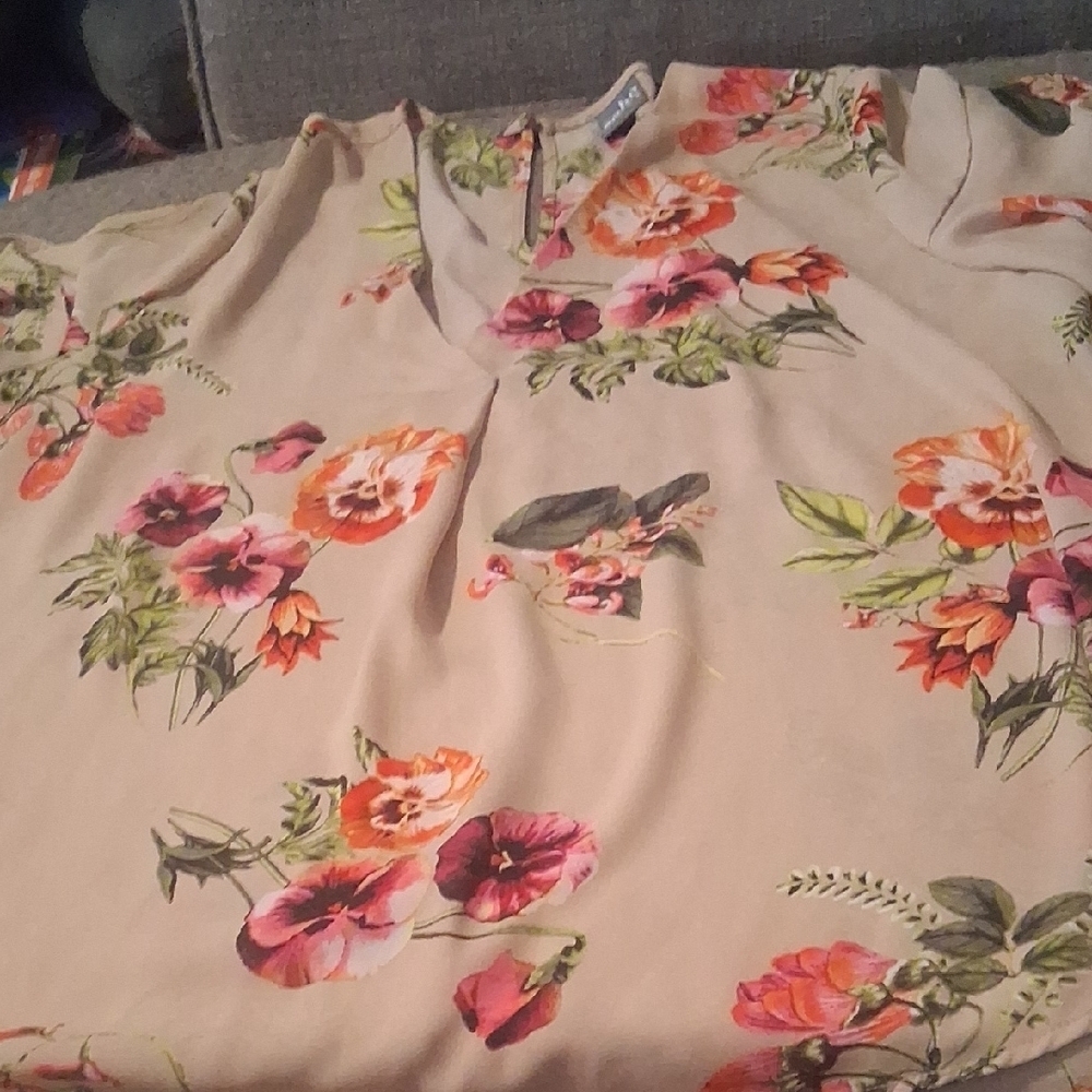 Soho Jeans Floral V-Neck Blouse Cream Pink Orange XL Boho - Picture 2 of 10